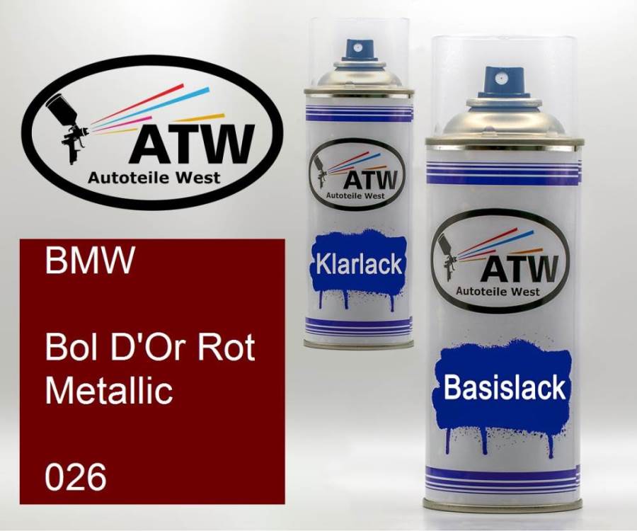 BMW, Bol D' ore Rot Metallic, 026: 400ml Sprühdose + 400ml Klarlack - Set, von ATW Autoteile West.